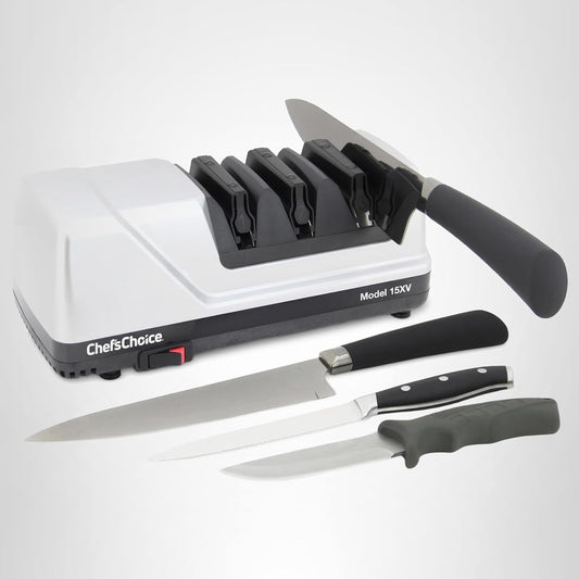 Chef\u2019sChoice 15XV EdgeSelect Professional Electric Knife Sharpener with 100-Percent Diamond Abrasives and Precision Angle Guides for Straight Edge and Serrated Knives, 3-Stage, Gray
