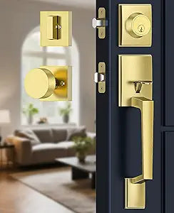 Front Door Handle and Deadbolt Set, Heavy Duty Gold Front Door Lock Set with Modern Knob, Exterior Entry Lock with Adjustable Single Cylinder Deadbolt, Reversible for Right & Left