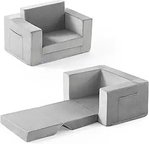 Kids Couch, 2-in-1 Toddler Chair Comfy 1-3 Years Old, Convertible Kids Chair, Toddler Couch Sofa, Kid Sofa to Lounge Bed for Boys and Girls Gifts, Kids Recliner, Grey