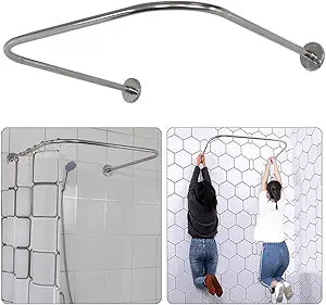 U Shaped Shower Curtain Rod (Both sides: 31.5"-47", Middle: 34.7"-43") Adjustable Genuine 304 Stainless Bathroom Bathtub Shower Curtain Rod Rack with 12 Shower Curtain Rings - Silver