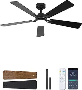 52 Inch Ceiling Fan with Lights and Remote, Downrod Mount, Sloped Ceiling Compatible up to 15, Quiet Reversible DC Motor, 3CCT Dimmable LED, Black Ceiling Fan for Bedroom Living Room