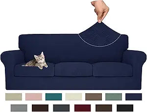 MAXIJIN 4 Piece Couch Covers for 3 Cushion Couch Sofa Covers, Stretch Couch Slipcovers for Sofas with 3 Cushions, Thick 3 Seat Furniture Protector for Dogs Pet (71"-91", Navy Blue)