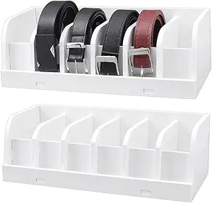 PH PandaHall 2PCS Belt Organizer Holder 6 Compartments Belt Storage White Tie Display Stand Rack Rectangle Case Storage Holder Container for Father Closet Drawer Home Bedroom, 13.8x6x4.5inch