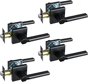 NEWBANG Square Heavy Duty Passage Door Lever Handle in Matte Black Finish(for Closet Room/Hallway) Left or Right Handed, NO Keys Door Leverset, HD1601-DB-PS-BR-4P