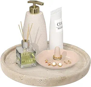 Travertine Tray, Small Ceramic Vanity Tray for Bathroom Counter Decor, Round Marble Decorative Trays for Coffee Table (Beige, Medium Size)