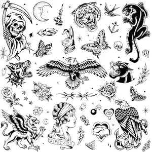 155 PCS Black Old School Temporary Tattoos for Women Men 9 Sheets