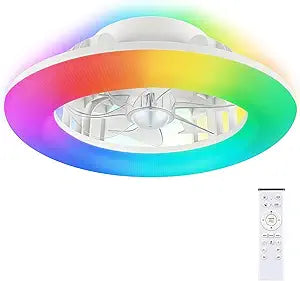FOLKSMATE 16" RGB Low Profile Ceiling Fan with Light and Remote, Stepless Dimmable Flush Mount LED Ceiling Fan Light(3000K-6500K), Modern 6 Speeds Reversible, 2/4H Timer & Memory for Bedroom Home