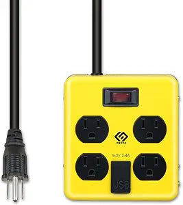 OSKOS 4-Outlet Workshop Power Strip with 3-Foot Power Cord, Two USB 2.4A Ports (1A1C), 15A/1800W, Wall-Mountable, UL Listed, Metal Casing Design