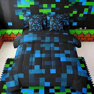 jejeloiu Pixelated Neon Blue Black Twin Size Comforter Set with SheetsPillowcases & Cushion Cover 7 Piece Bedding Set Super Soft Kids Girls Boys Bedroom Decor Gamepad Grid Bed in a Bag