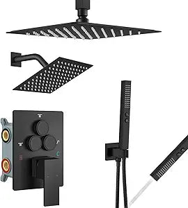 Aolemi Shower Faucet Set Ceiling Mount Shower System Rough-in Valve and Shower Trim Kit 2 in 1 Handheld Spray Push Button Diverter 10 and 6 Inch Dual Shower Head Matte Black