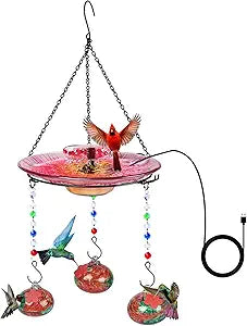 Headak Life Hand Blown Glass Hummingbird Feeders for Outdoors and Bird Bath 2-in-1 for Small Birds - Hanging Hummingbird Feeder Bird Bath for Ourside with USB Water Pump(Red)