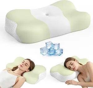 VYLEE Memory Foam Cervical Pillow, Neck Comfort Support,Ergonomic High-Low Contour Neck Pillow, Supportive Sleeping Pillow for Side, Back, Stomach Sleepers, Removable Washable Cover(Green)