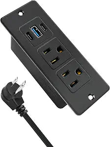USB C Recessed Power Strip Fast Charge 20W 2 Outlets 3 USB Ports ETL