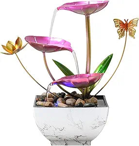 11 H Pink Tabletop Water Fountain, Zen Desktop Waterfall, Indoor Lotus Desktop Decorative Fountain, Home Bathroom Bedroom Decor.