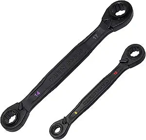KLEIN TOOLS 68216M 4-in-1 Reversible Ratchet Wrenches Set, 2-Piece, Eight Metric Hex Sizes, 8mm x 10mm, 12mm x 13mm, 14mm x 15mm, and 17mm x 19mm Box Wrench Set, 90-Tooth Ratchet, Pass-Through Design