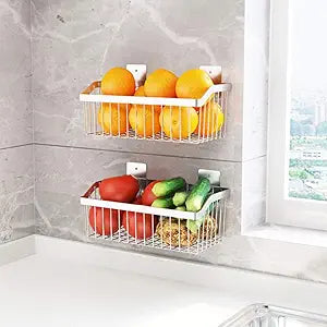 2PCS Kitchen Storage Metal Wire Fruit Basket - SUS304 Stainless steel Organizer Storage Bin Baskets for Bathroom - Space Saving Design for Pantry Organization, Spice Rack,Self AdhesiveSilver