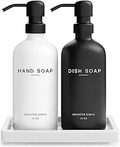 Luxury Glass Hand and Dish Soap Dispenser Set by Brighter Barns - Kitchen Soap Dispenser Set with Tray for Kitchen, Home or Restaurant - Modern Farmhouse Kitchen Decor (Black/White)