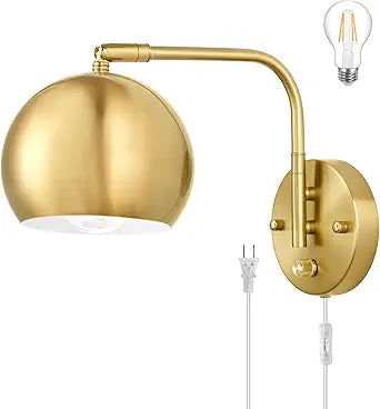 VATONI Plug in Dimmable Wall Sconce Swing Arm Wall Lights with Plug in Cord and Dimmer On/Off Knob Switch, Brushed Brass Globe Wall Light for Bedside Bedroom Bathroom(1 Bulb Included)