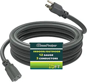 15 FT 12 Gauge Extension Cord Outdoor, Heavy Duty Weatherproof & Flame Retardant Grey3 Prong Power Cord, Outside for Garden & Lawn, 15 Amps 1875 Watts 125 VAC 12AWG SJTW, UL Listed