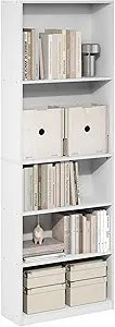 Furinno Jaya Book Shelf, 5-Tier Tall Book Shelf, Bookcase with Open Shelving, Standing Bookshelf, 9.5 x 24.6 x 71.1, for Organization and Storage, for Home Office, Living Room, White