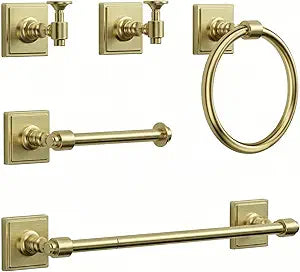 Brushed Light Gold Bathroom Towel Bar Set, 5 Piece Bathroom Hardware Accessory Set, SUS304 Stainless Steel 24" Towel Rack Holder Set for Bathroom, Wall Mounted