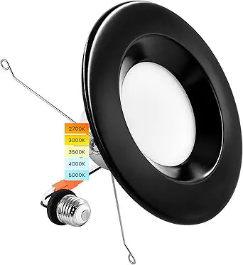 LUXRITE 5/6 Inch LED Recessed Retrofit Downlight, 14W=90W, CCT Color Selectable 2700K | 3000K | 3500K | 4000K | 5000K, Dimmable Can Light, 1100 Lumens, Wet Rated, Energy Star, Black Trim, IC Rated