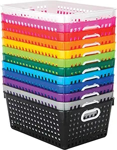 Really Good Stuff Large Plastic Book Baskets, 13.25" by 10" by 5.5" - 12 Pack, Rainbow Color, Classroom Library Organizer, Toy Storage, Multi-Purpose Organizer Basket