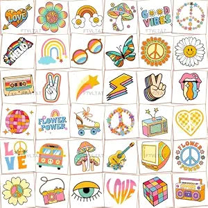 Groovy 70s Hippie Temporary Tattoos - 36 Sheets with Peace Signs, Smiley Faces, Flowers & Vintage Designs, Waterproof Retro Body Art Stickers for Music Festival, Party