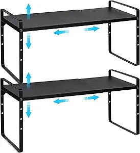 15.5 to 25.5 Inch Expandable Kitchen Cabinet Organizer Shelf, 2 Pack 30 LBS Heavy Duty Adjustable Kitchen Counter Storage Shelves Organizers,Stackable Small Storage Shelf Rack For Cabinet Cupboard