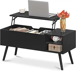 ALINE FURNITURE Black Lift Top Coffee Table with Hidden Storage Compartment, Solid Wood Legs & Open Shelves - 40" Pop Up Coffee Tables for Living Room