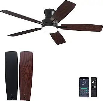 52 Inch Ceiling Fans with Lights and Remote Control, Indoor/Outdoor Flush Mount Low Profile Commercial Reversible Dimmable Ceiling Fans for Living Room Patio Industrial Shop, Black