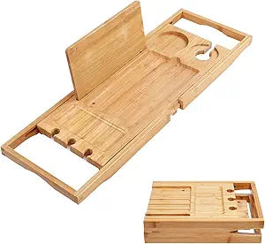 Utoplike Bamboo Bathtub Caddy Tray Bath Tray for Tub, Adjustable Bathroom Bathtub Organizer with Book Tablet Wine Glass Cup Towel Holder (24.5"-37.4")