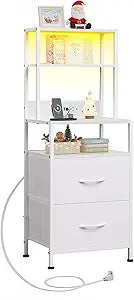 WLIVE Nightstand with Charging Station, LED Night Stand with 2 Fabric Drawers and 4 Storage Open Shelves, Bedside End Table for Bedroom, White