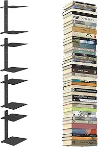 Mefirt Invisible Floating Bookshelves for Wall, 8 Tier Vertical Spine Book Tower, Heavy Duty Floating Book Shelves Metal Book Organizers for Home Office, 4 Pack(Black)