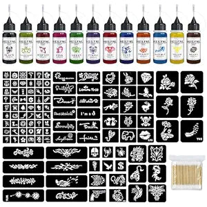 Temporary Tattoo Kit 12 Colors Temporary Tattoo Ink,111 Pcs Stencils