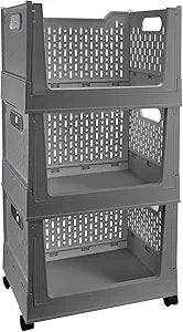 Stackable Plastic Storage Bins, 3 Pack Foldable Closet Organizers and Storage Basket with Wheels, Collapsible Drawer Shelf Storage Box Container for Office Bedroom Closet Wardrobe Kitchen Bathroom
