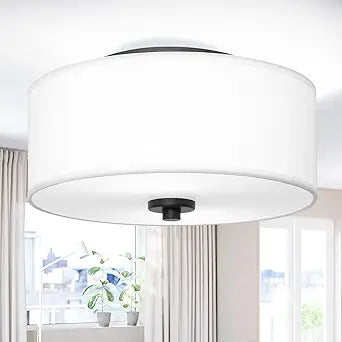 2-Light Flush Mount Ceiling Light Fixture, 12 Modern Close to Ceiling Light with White Fabric Drum Shade, Round Ceiling Light for Bedroom Hallway Living Room Bathroom Dining Kitchen