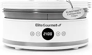 Elite Gourmet EFD329WD Digital Food Dehydrator with 5 BPA Free SlimStore Collapsible Trays for Compact Storage, Adjustable Timer and Temperature Controls, Jerky, Herbs, Fruit, Veggies, Snacks, White