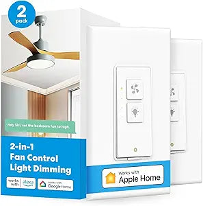 meross Smart Ceiling Fan Control and Dimmer Switch, Supports Apple HomeKit, Alexa, Google & SmartThings, 2.4G Wi-Fi Fan and Light Switch Combo, 4 Fan Speed, Neutral Wire Needed, Single Pole, 2 Pack