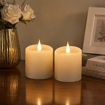 Flickering Flameless Candles with 3D Moving Flame, Real Wax Battery Operated Candles with Timer and Remote, Last 600+ Hours, 3" x 3" LED Fake Candles for Home Wedding Christmas Decor, 2 Pack