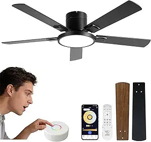 Ceiling Fan with Lights, Smart Flush Mount Ceiling Fan with Remote/APP/Offline Voice Control, 6 Speeds Reversible, 3-Color Dimmable LED,Modern Low Profile Ceiling Fan for Bedroom Living Room 52"