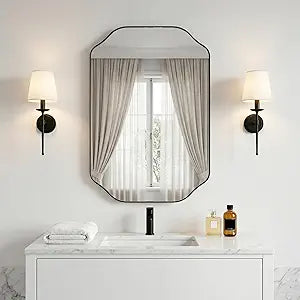 Black Bathroom Mirror, 24"x32" Wall Vanity Mirror Modern Asymmetrical Mirrors with Stainless Steel Metal Frame, Rounded Scalloped Mirrors Wall-Mounted((Horizontal/Vertical)