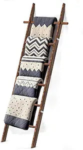 Farmhouse Wooden Blanket Ladder with Removable Hooks, 6-Tier Rustic Blanket Rack Decorative Stand, Leaning Towel Quilt Rack Holder for Bathroom Living Room Decor Brown