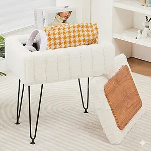 Wimarsbon Storage Ottoman, Vanity Stools with Metal Legs, 16.5" x 11.8" x 18" Modern Faux Mink Fur Footstool, Makeup Chair with Anti-Slip Feet, Accent Table,Footrest,Storage Bench for Bedroom (White)