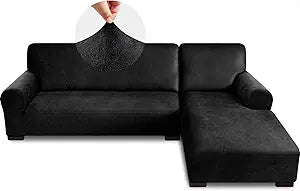 Sectional Couch Covers, Leather Look Sofa Cover L Shape 2PCS Soft Stretch Slipcover for Sectional Sofa, Non Slip Furniture Protector (3 Seat Sofa + 3 Seat Left Chaise, Black)
