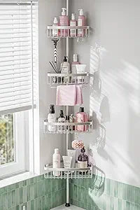 ESSEME Corner Shower Caddy Tension Pole: Adjustable Rustproof 4-Tier Inside Bathroom Organizer - 47-121 inch Quick Installation Bathtub Shelves for Shampoo Storage - Rod Floor Standing Bath Rack