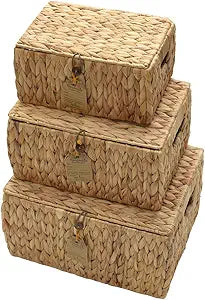 Water Hyacinth Woven Storage Baskets with Lids, Natural, Rectangular, Set of 3 Wicker Storage Baskets for Shelves, Wicker Basket with Lid, Rectangle Boxes