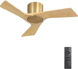 WINGBO 36 Inch Ceiling Fan without Light, 6 Speed Remote Control, Low Profile Flush Mount Modern Ceiling Fan No Light, Quiet Reversible DC Motor, Wood Blades, Gold/Light Oak, for Bedroom, Kitchen