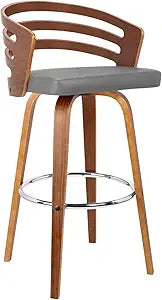 Armen Living Jayden Mid Century Modern Swivel Bar Stool for Kitchen Island Counter in Gray Faux Leather and Walnut Wood, 30" Seat Height