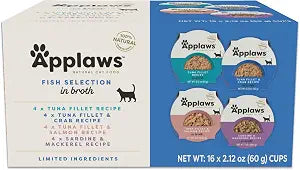 Applaws Fish Variety Wet Cat Food in Broth 16-Pack, High Protein, Limited Ingredient, Grain Free, Canned Cat Food, No Fillers or Artificial Additives (16 x 2.12 oz Easy-Open Cups)